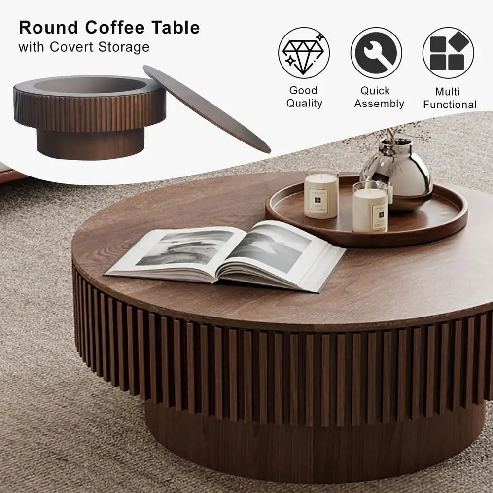 Walnut Round Coffee Table with Hidden Storage for Small Spaces – 31.5"