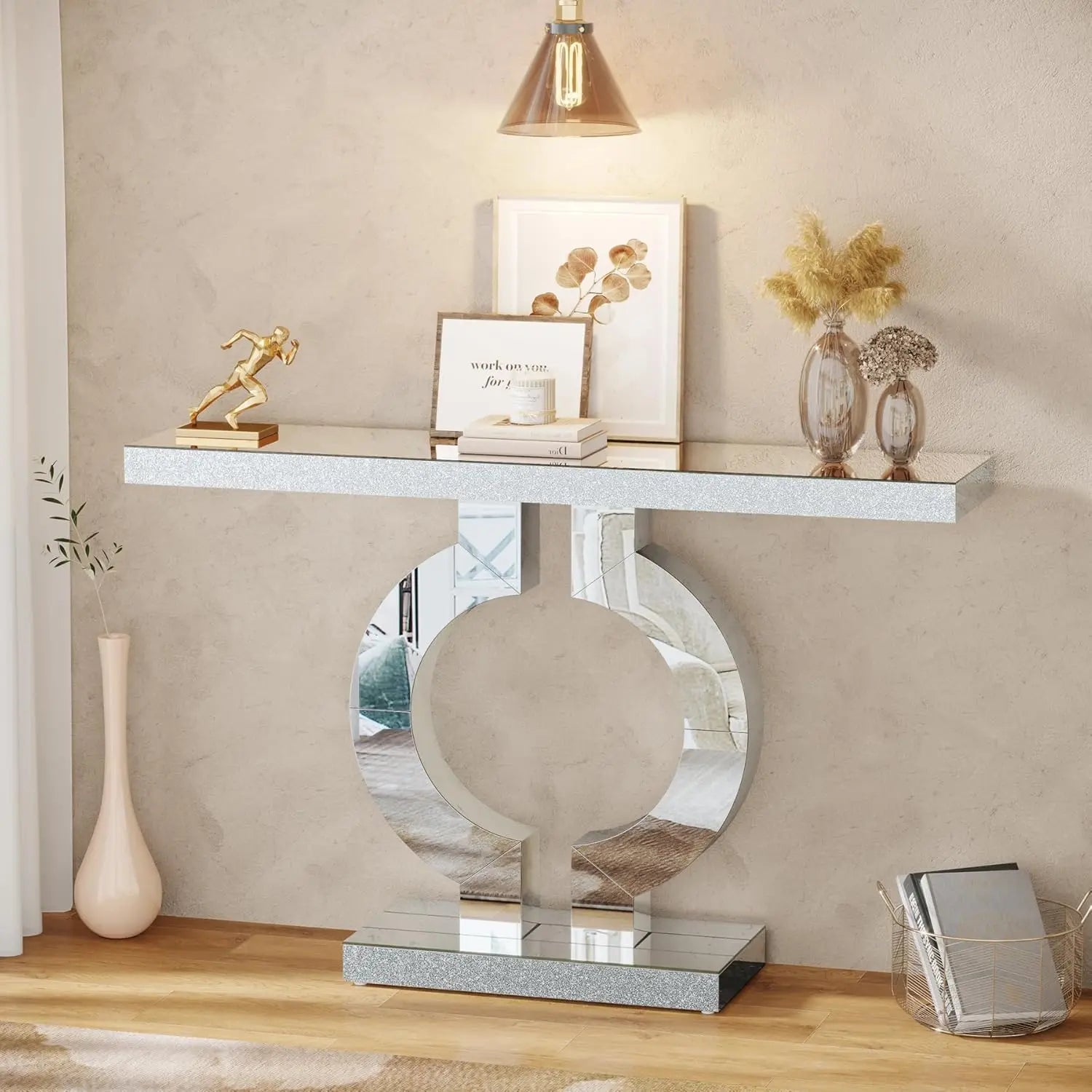 43.3-Inch (110Cm)Mirrored Console Table, Modern Entryway Table with Thickened Mirror Finish Tabletop