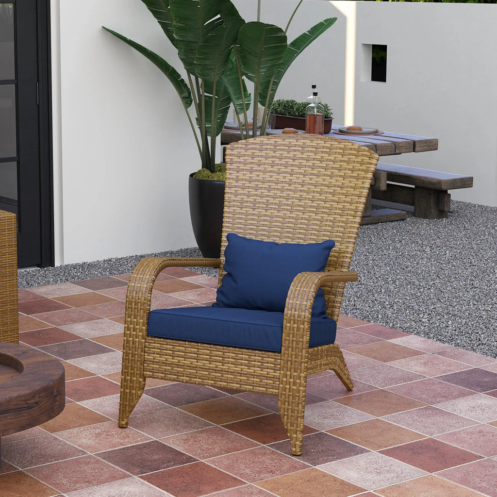 Patio Adirondack Chair with All-Weather Rattan Wicker, Soft Cushions, Tall Curved Backrest for Deck or Garden, Dark Blue
