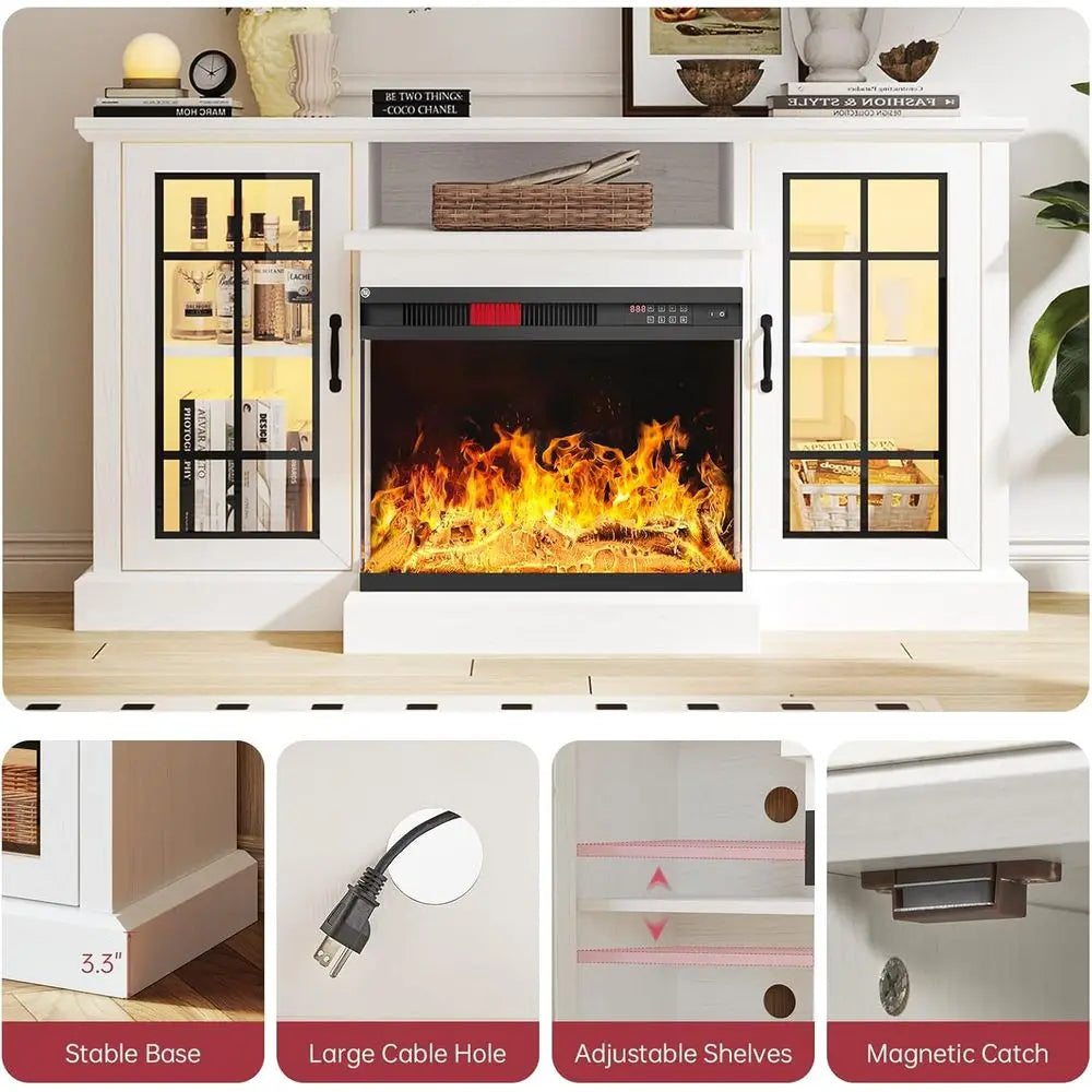 59 3-Sided Glass TV Stand, Entertainment Center for Tvs up to 65, Adjustable LED Light, White Living Room Furniture