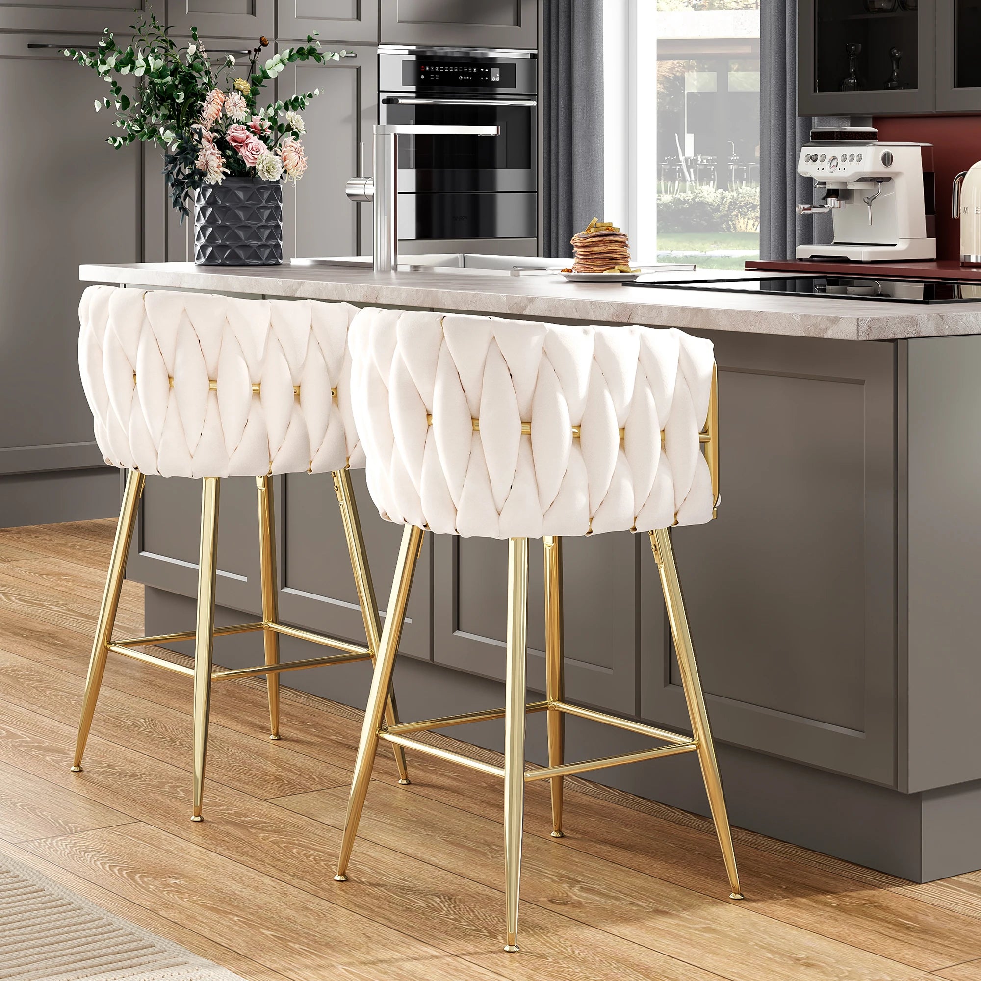 Set of 2 26" Bar Stools, Modern Mid-Century Kitchen Stools with Back, Metal Legs, for Kitchen, Dining Room