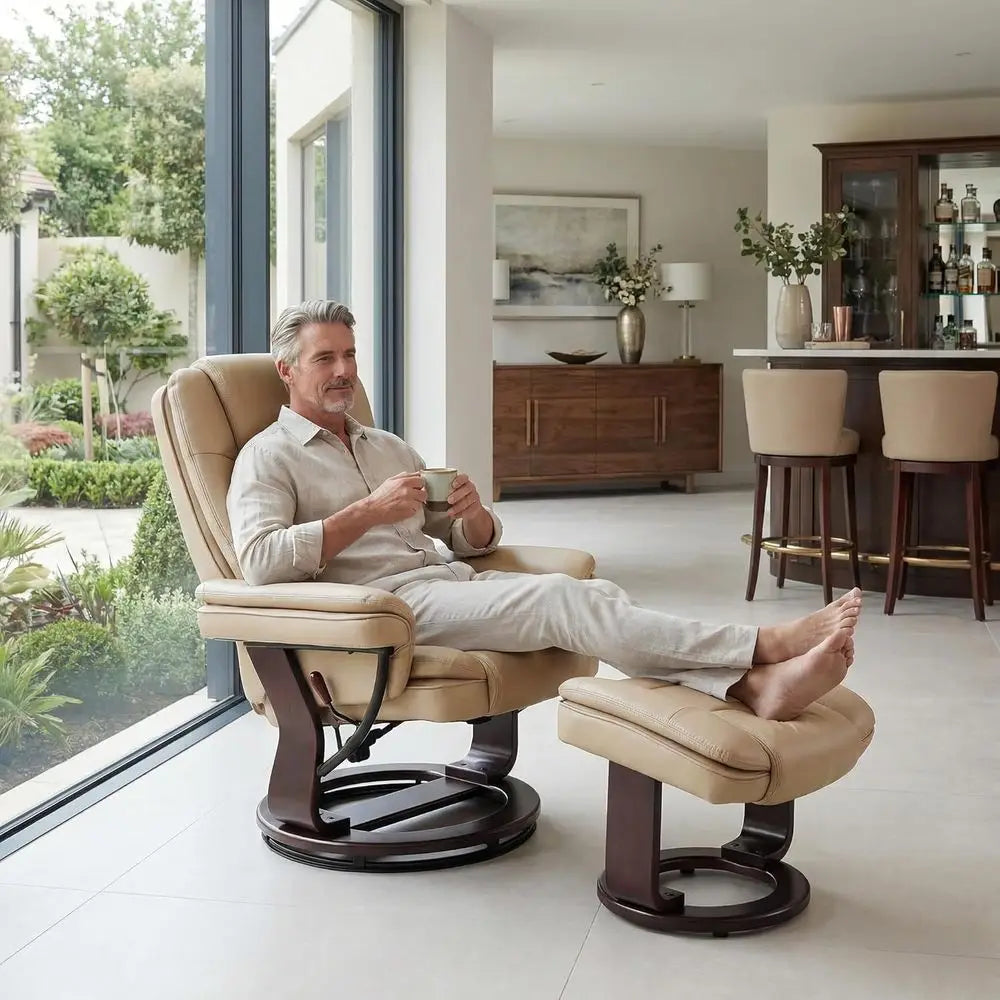 Swivel Recliner Chair with Ottoman, Beige PU Leather – 360° Reclining Lounge Chair