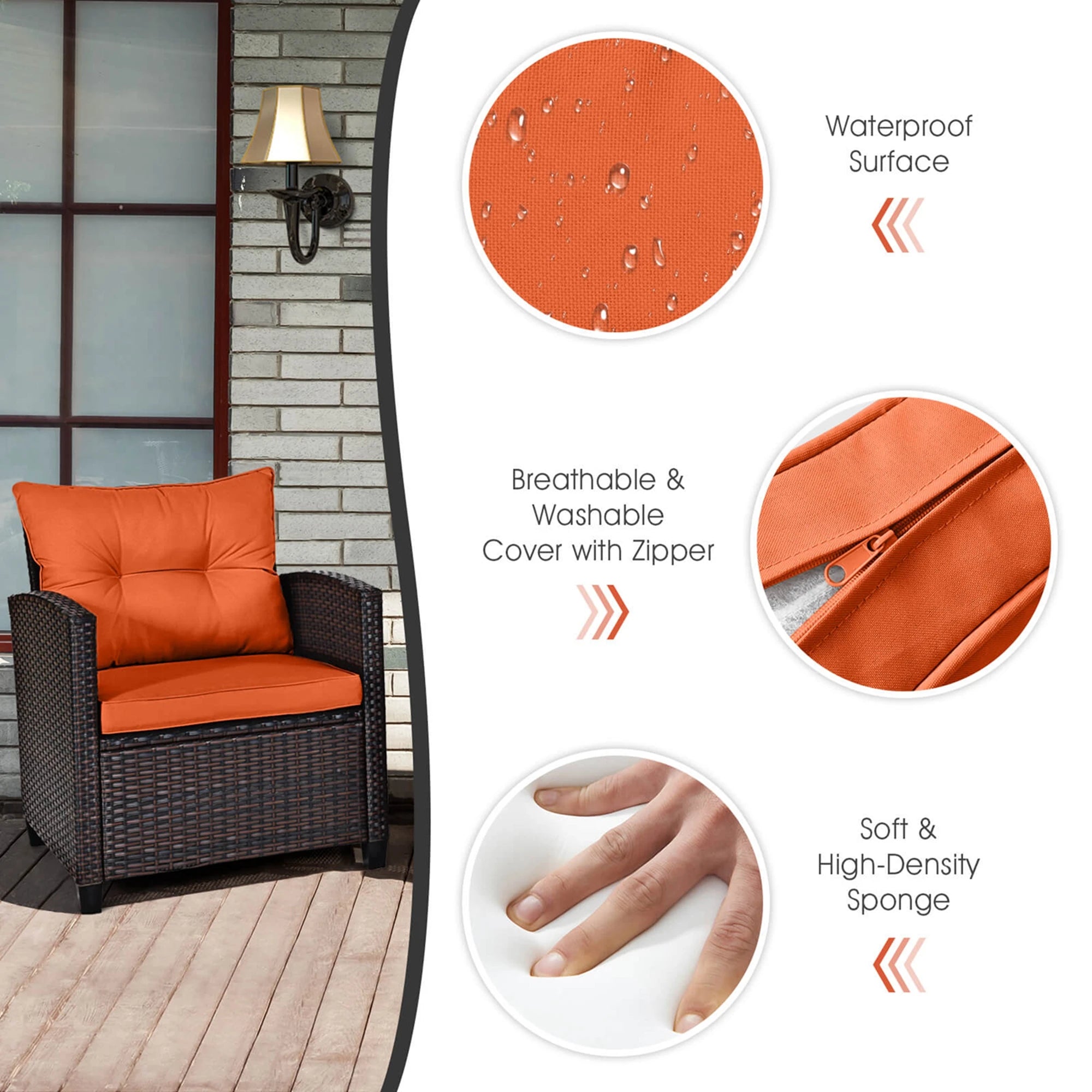 3 PCS Patio Rattan Furniture Set Cushioned Conversation Set Sofa Orange