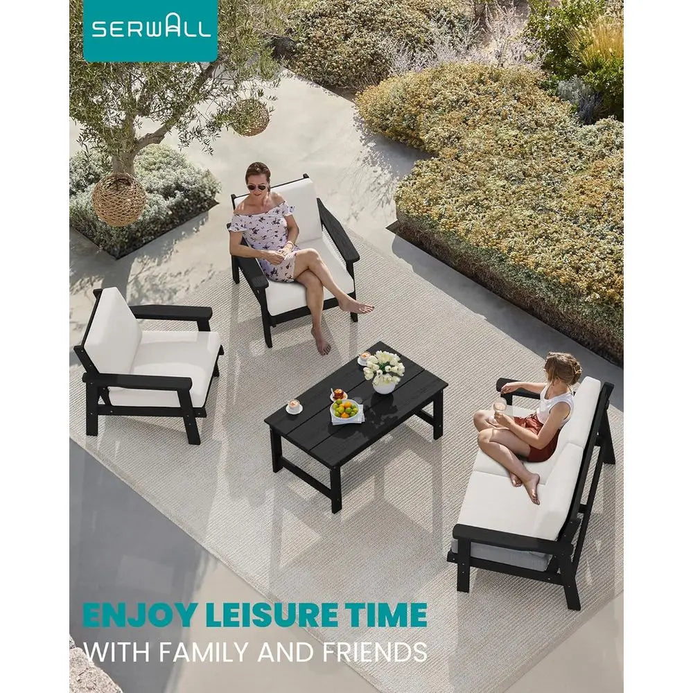 Stylish All-Weather HDPE Outdoor Sofa Set - 2-Piece Patio Furniture with Elegant Black Chairs and Comfortable Khaki Cushions