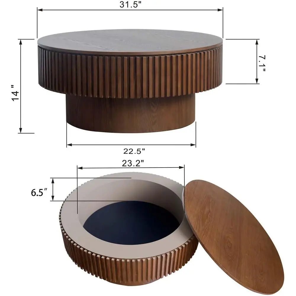 Walnut Round Coffee Table with Hidden Storage for Small Spaces – 31.5"