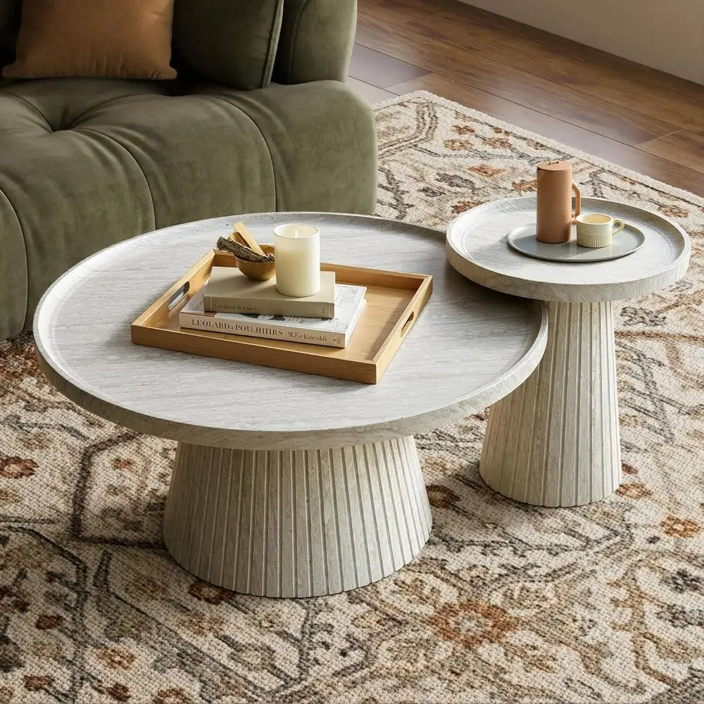 2-Piece Round Coffee Table Set with Marble Veneer – Nesting Travertine Tables for Living Room & Office