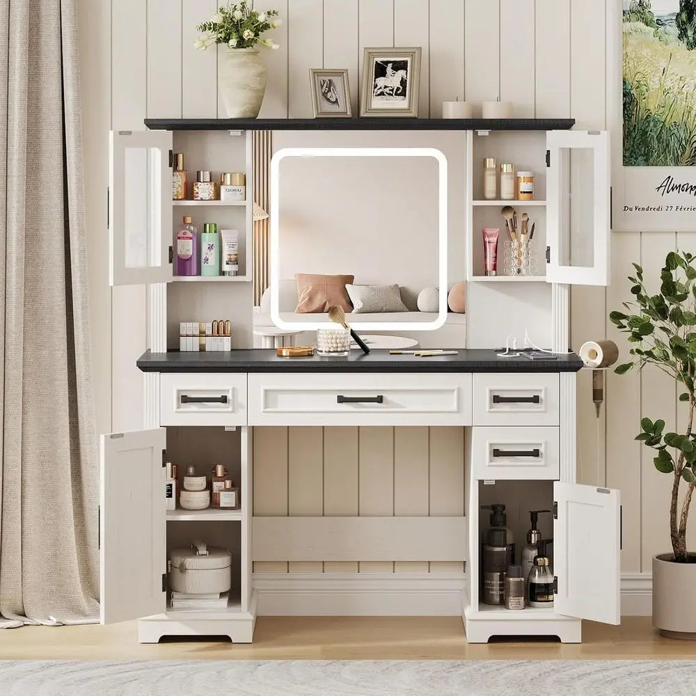 45-Inch White Makeup Vanity Desk with Mirror – LED Lights, Charging Station, Drawers & Cabinet Storage