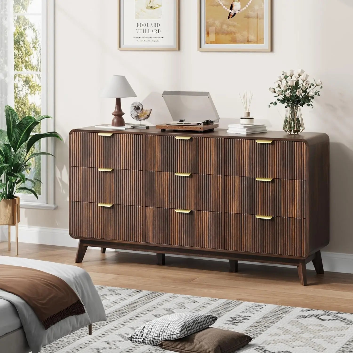 Fluted 59.1" Wide Modern Dresser for Bedroom with 9 Drawers, Tall Chest of Drawers with Metal Handle, Wooden, Customized