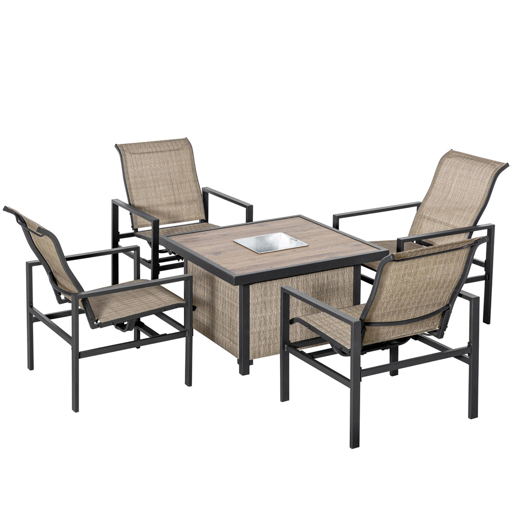 5 Piece Garden Patio Dining Set, Steel, Outdoor Conversation Set, Dinner Table with Built-In Ice Bucket Insert, 4 Rocking Chairs, Beige