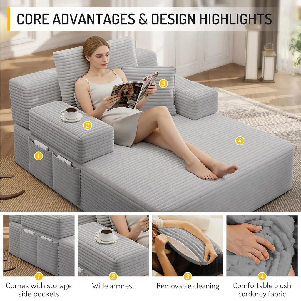 48.5” Chaise Lounge Chair Indoor, Corduroy Fabric Chair with Convertible Armrest and Backrest, Upholstered Cozy, Customized