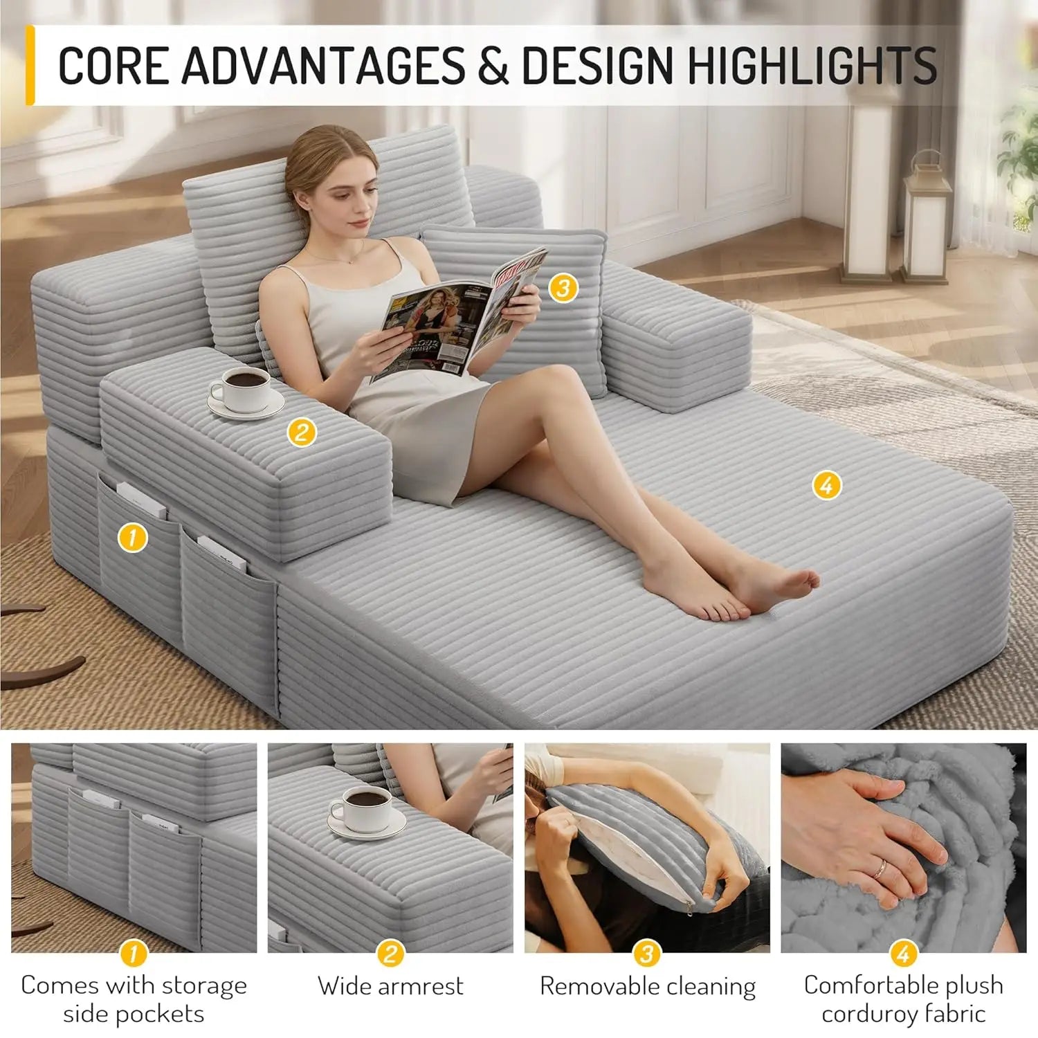 48.5” Chaise Lounge Chair Indoor, Corduroy Fabric Chair with Convertible Armrest and Backrest, Upholstered Cozy, Customized