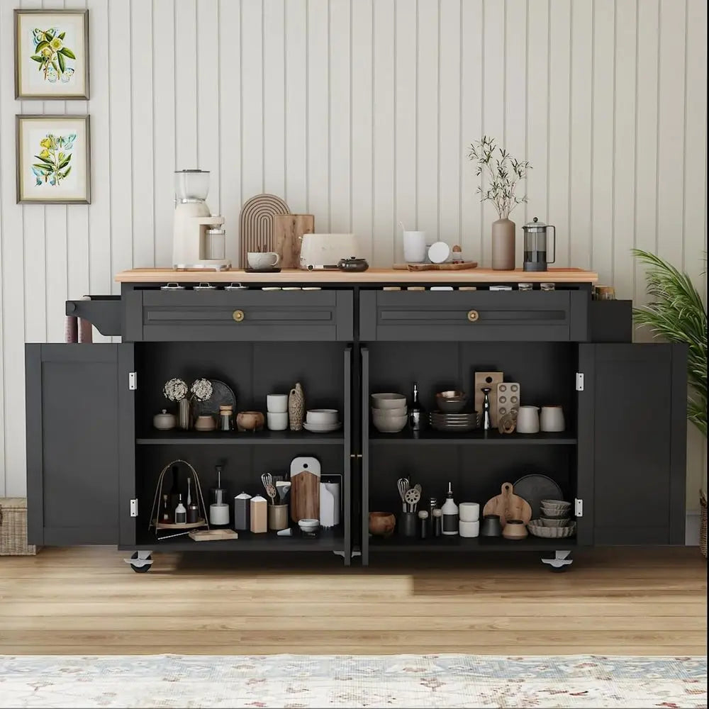 67 Rolling Kitchen Island with Drop Leaf Breakfast Bar, Storage Cabinet, and Spice Rack in Black