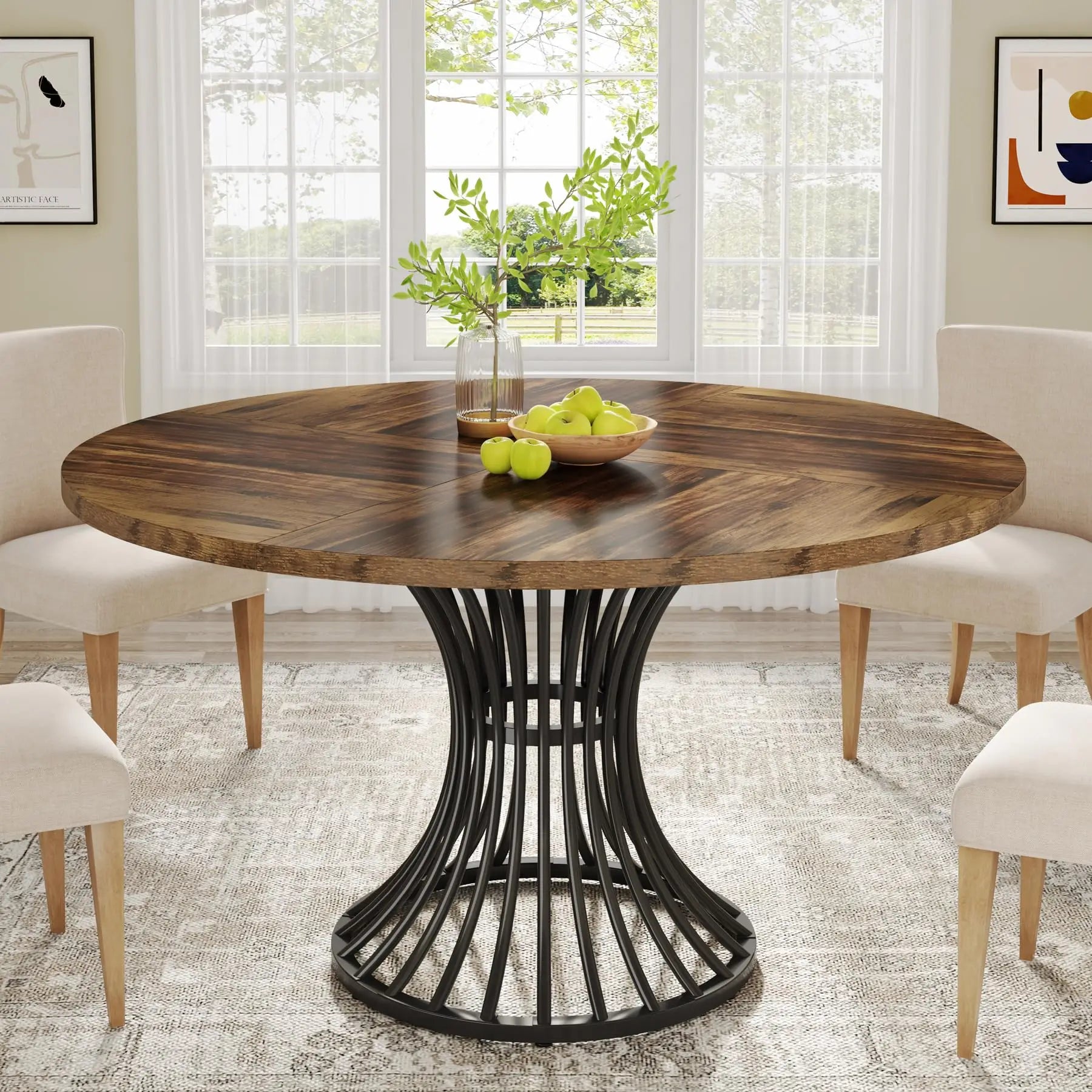 round Dining Table for 4-6 People, 47-Inch Farmhouse Dinning Room Table Circle Kitchen Table, Industrial Dinner Table