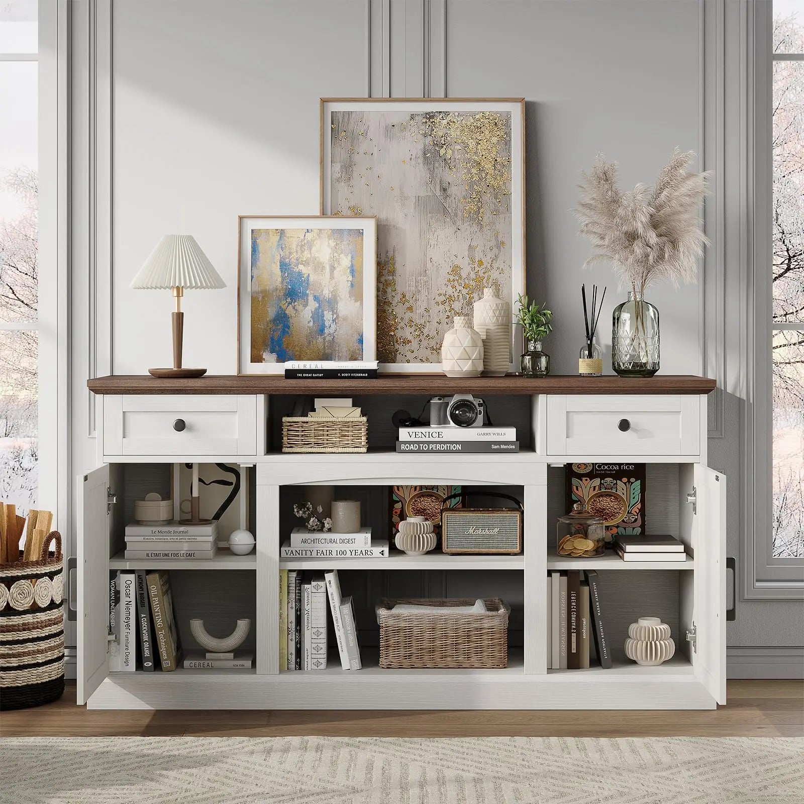 Farmhouse TV Stand with 23-Inch Electric Fireplace, Entertainment Center for Tvs up to 70 Inches, Media Console Table with Drawers and Storage, Antique White