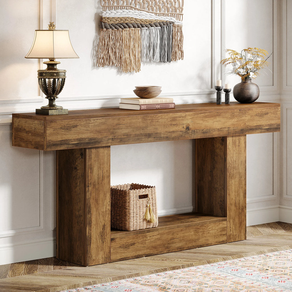 63" Console Table, Farmhouse 2-Tier Entryway Table with U-Shaped Base,Narrow Long Wood Sofa Table behind Couch Table