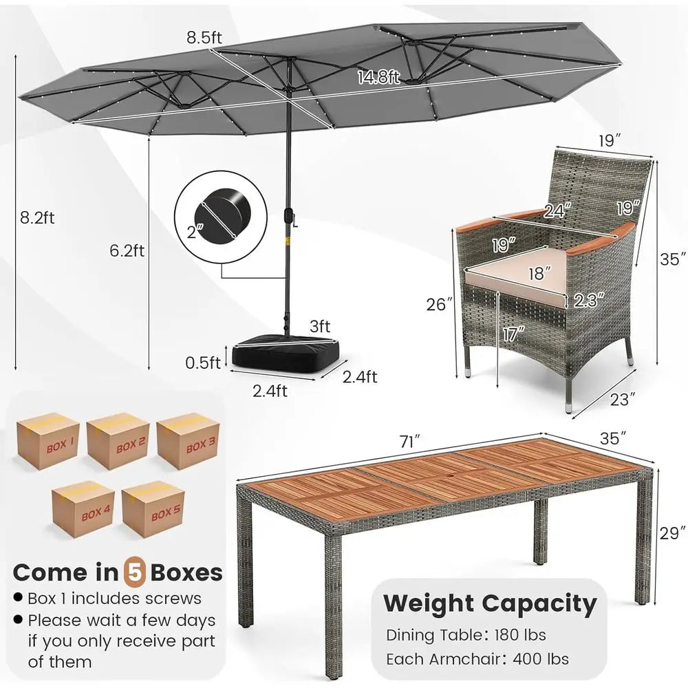 11-Piece Outdoor Patio Dining Set with Double-Sided LED Umbrella and Acacia Wood Table