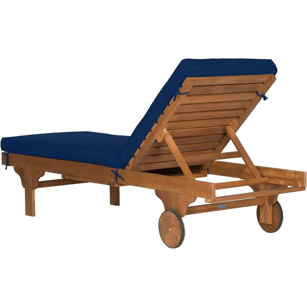 Navy Adjustable Chaise Lounge with Built-In Side Table and Natural Cushion