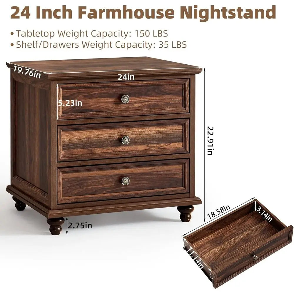 2-Piece Brown Wood Nightstand Set with Drawers – Wide Farmhouse End Tables with Metal Handles for Bedroom & Living Room