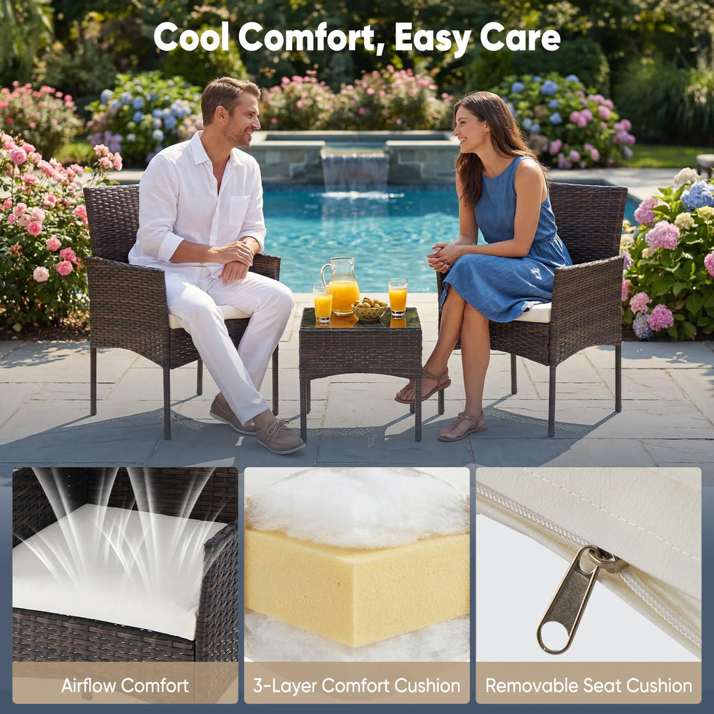 3-Piece Outdoor Patio Furniture Set – All-Weather Rattan Bistro Conversation Set