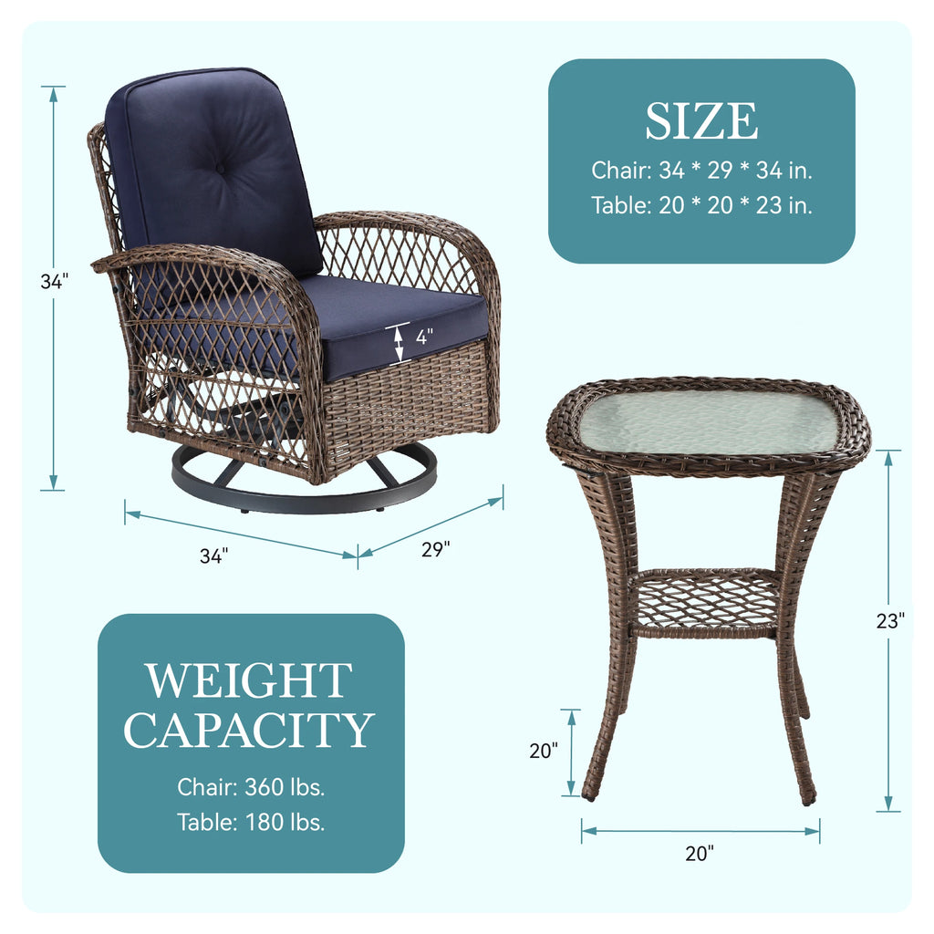 HOOMIC 3-Piece Patio Furniture Set, Outdoor Bistro Set, Rotating Rocking Chairs with Padded Cushions, Modern Conversation Set
