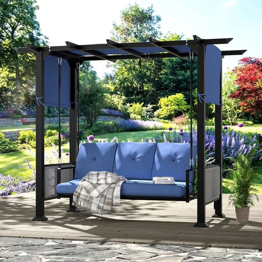 3-Seat Outdoor Metal Swing Bed with Cushion and Adjustable Curtains, Convertible Patio or Porch Swing Chair, Ideal for Backyard