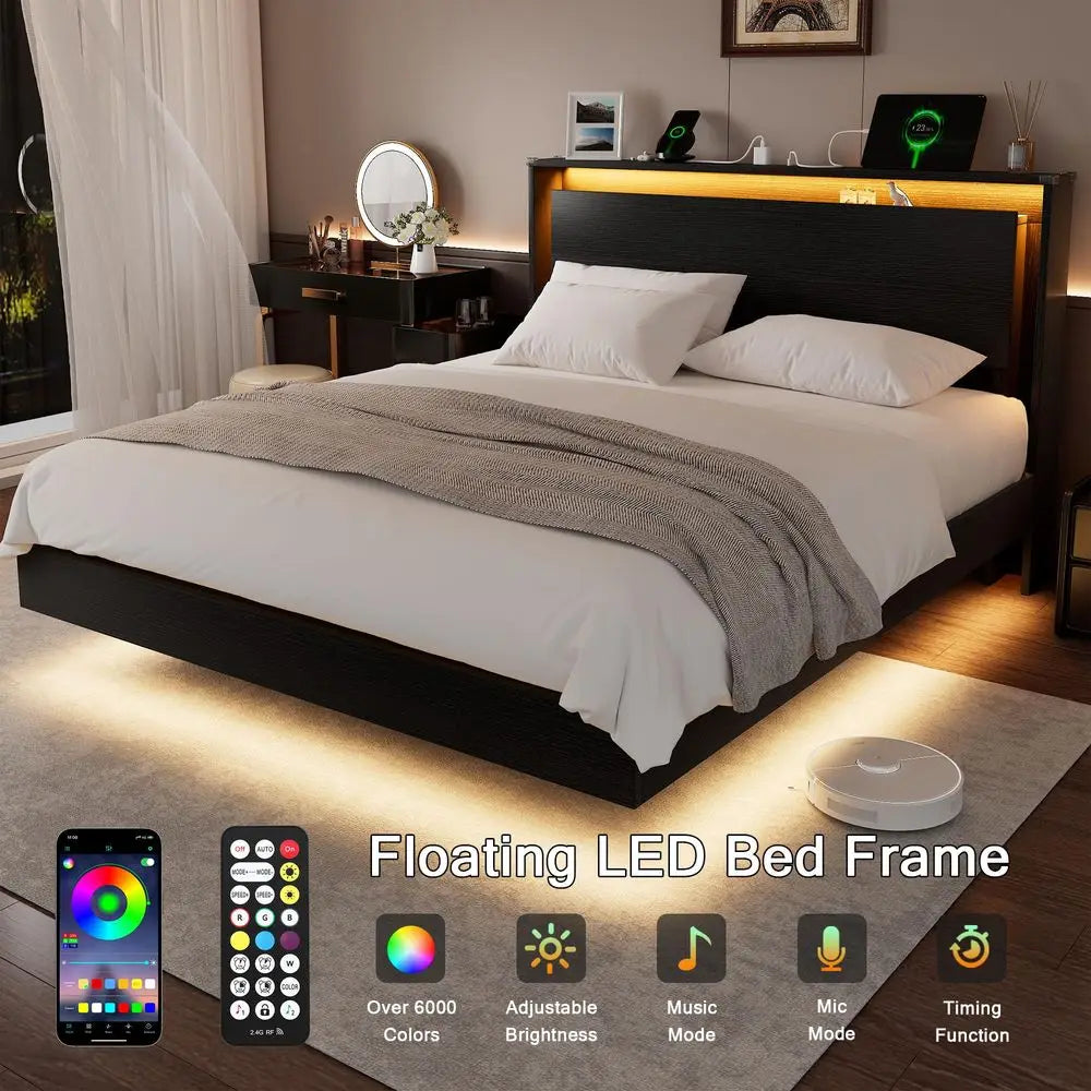 Bed Frame Queen Size with LED Lights Amp Charging Station Kids Wood Floating Queen Bed Frame with Storage Headboard, Adhesive S