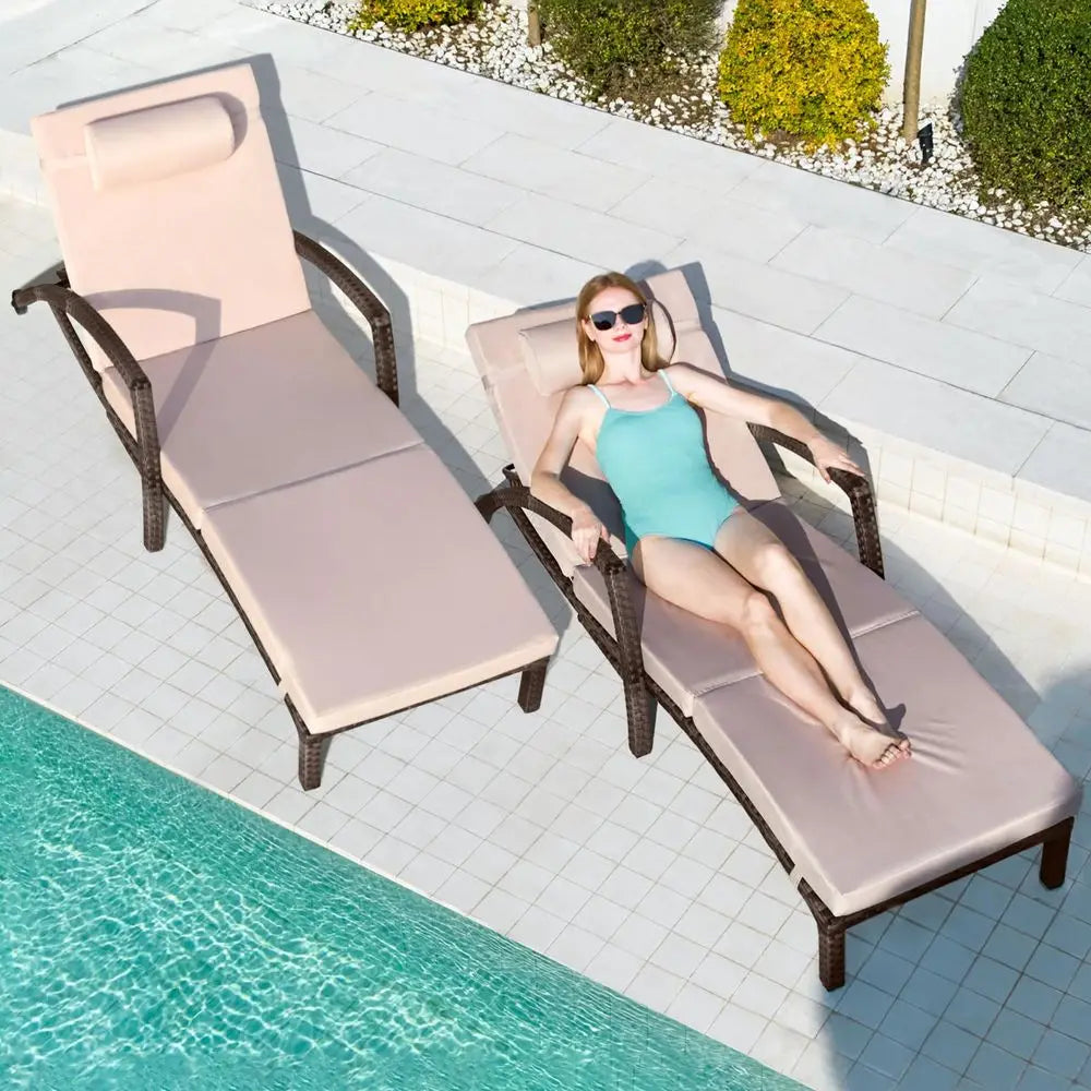 Chaise Lounge Chairs Set of 2 Wicker Pool Lounge Chairs Outdoor with 5 Adjustable Back Amp Removable Cushion Amp Tray Tanning C