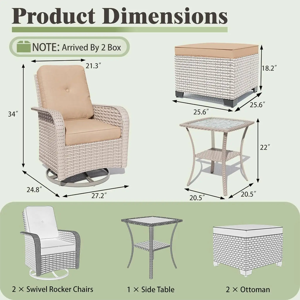 5 Pieces Patio Furniture Set with 2 Ottomans, Outdoor Swivel Glider Rocker Chairs with Rattan Side Table, Wicker, Customized