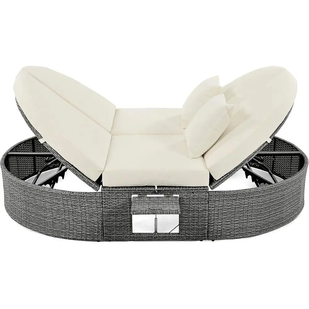 2-Person Outdoor Rattan Daybed with Adjustable Backrests, Cushions & Pillows – Beige