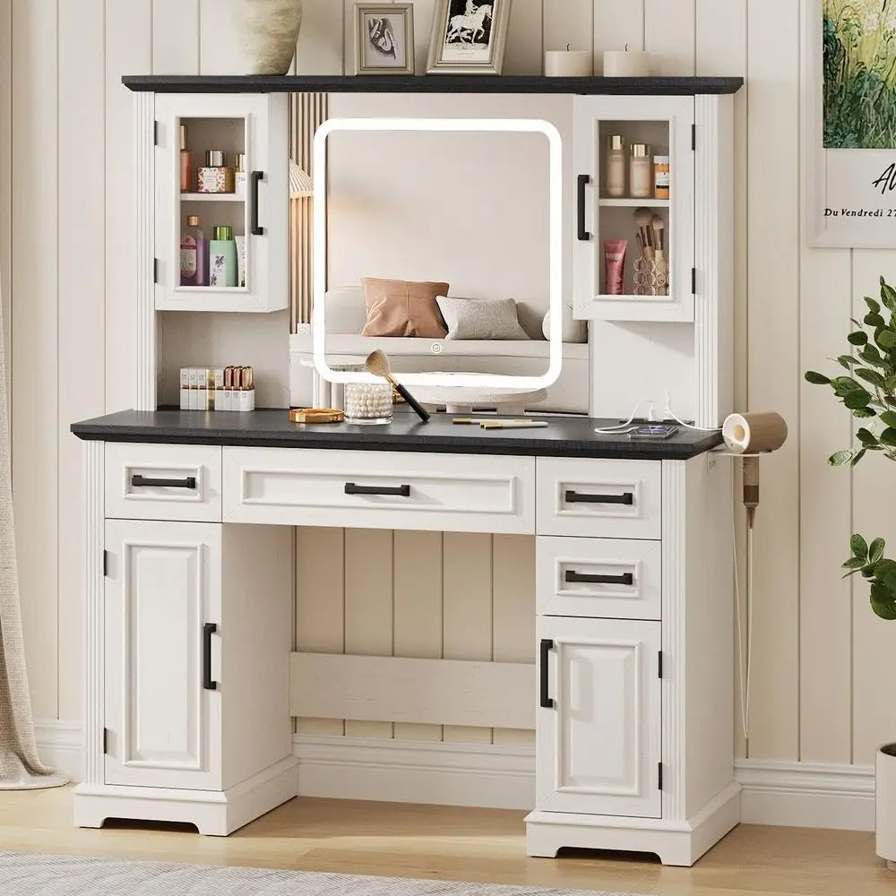 45-Inch White Makeup Vanity Desk with Mirror – LED Lights, Charging Station, Drawers & Cabinet Storage