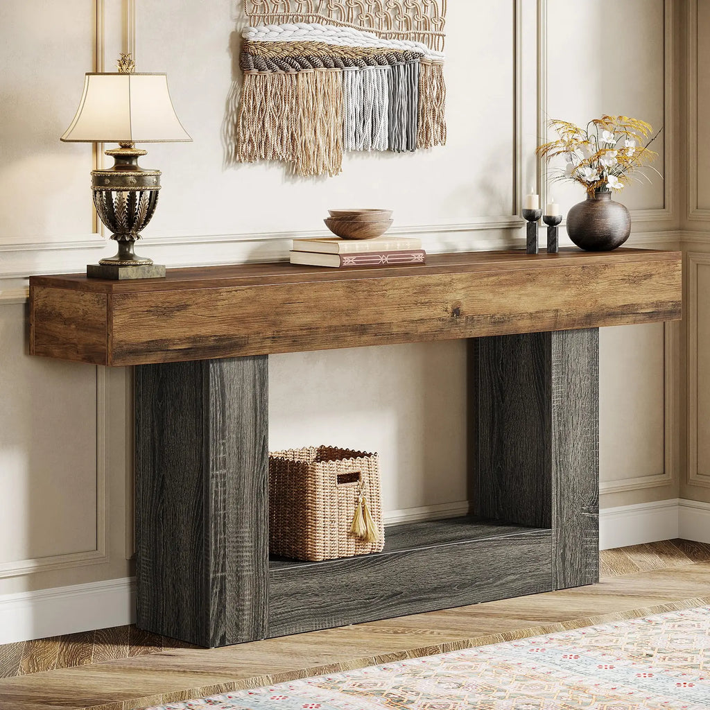 63" Console Table, Farmhouse 2-Tier Entryway Table with U-Shaped Base,Narrow Long Wood Sofa Table behind Couch Table