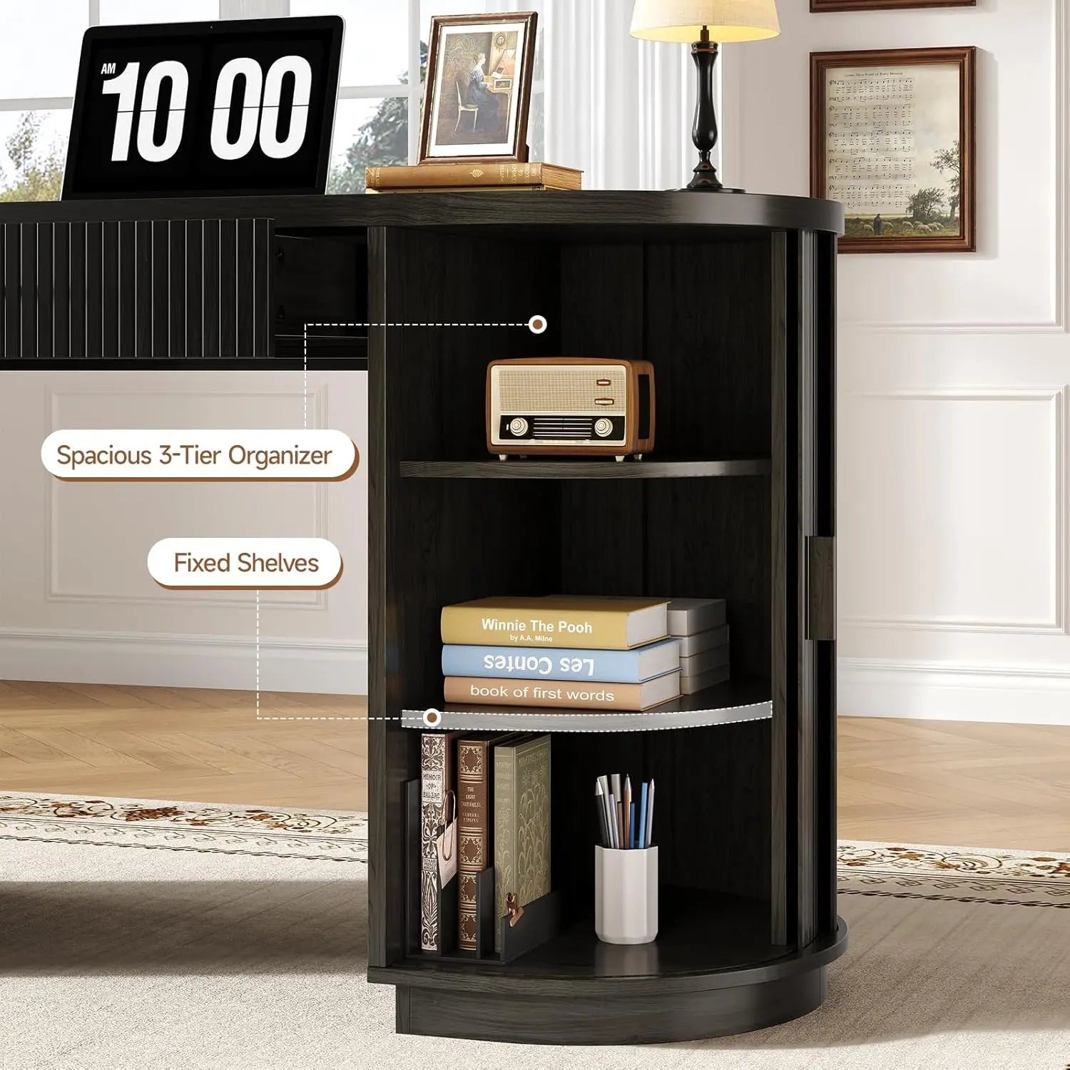 58 Inch Fluted Executive Computer Desk with Drawers & Charging Station - Mid Century Modern Storage Desk for Home Office, Living Room, Bedroom - Free Shipping - Black