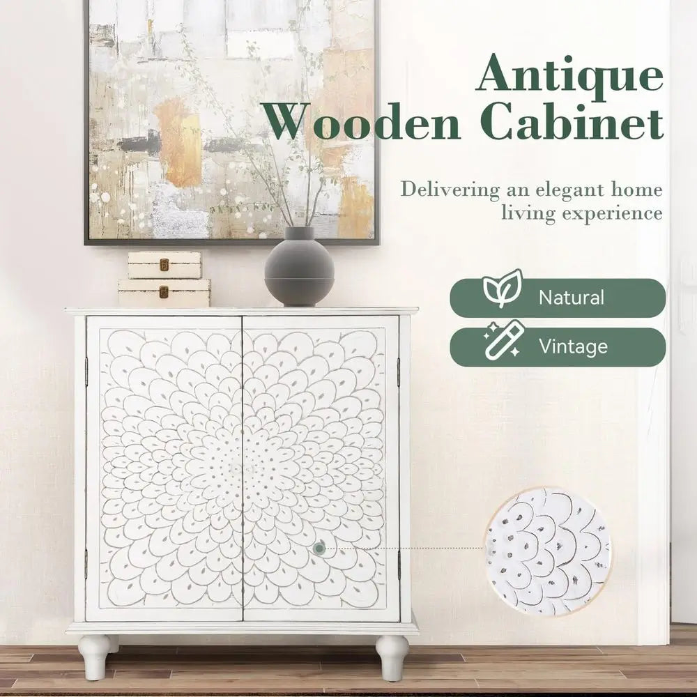 Vintage White Carved Wooden Storage Cabinet for Entryway, Dining, or Living Room