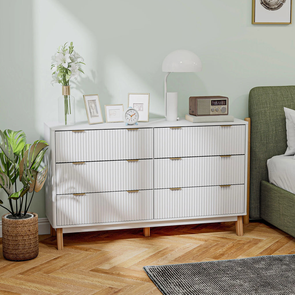 Fluted Dresser for Bedroom with 6 Drawers, 54" Wide Chest of Drawers with Gold Finger Pulls and 5 Wood Legs, White