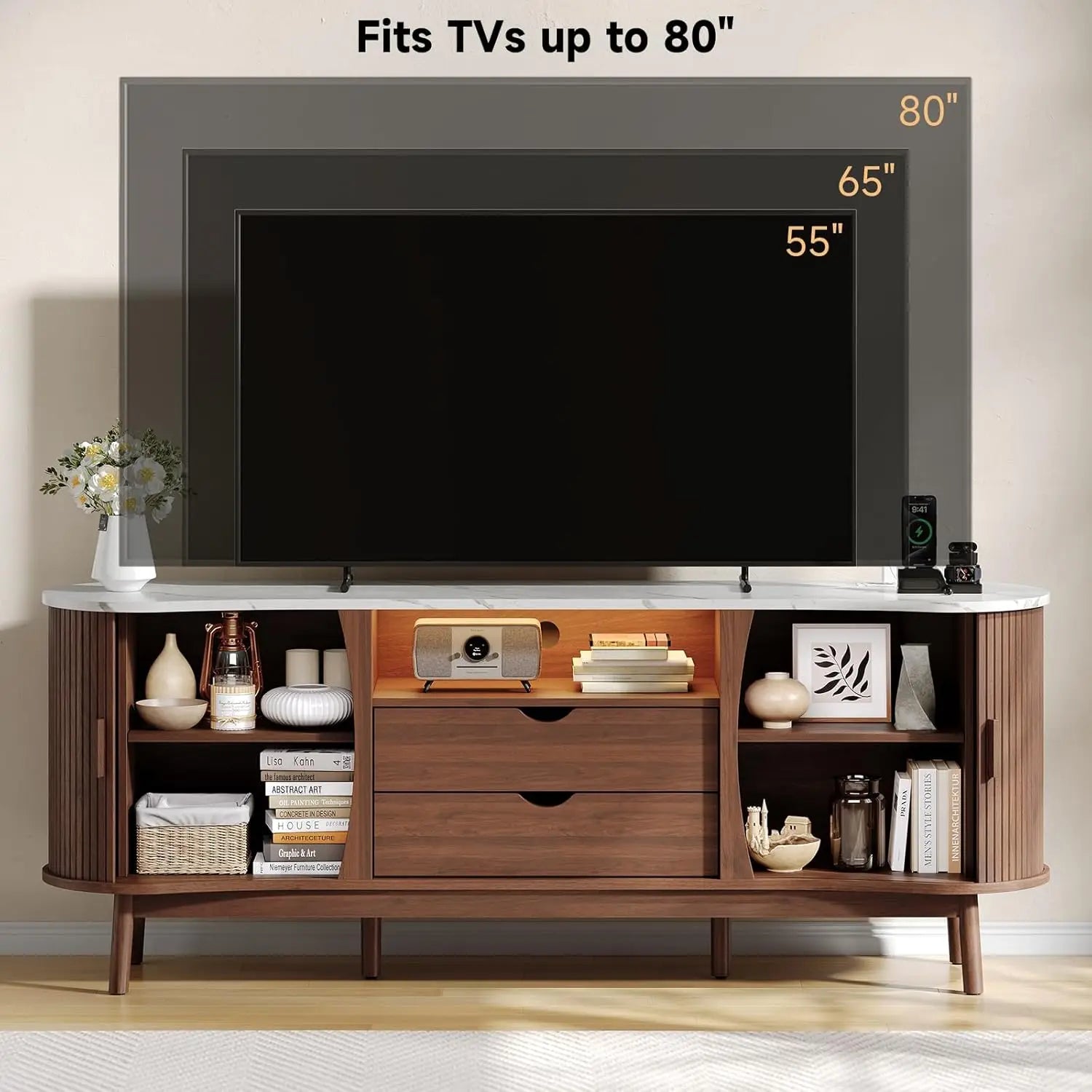 70-Inch Fluted TV Stand Entertainment Center for Tvs up to 80", Mid-Century Modern Bean-Shaped Console with Usb/Outlet, LED Lights & Storage - for Living Room, Bedroom (Black/Walnut)