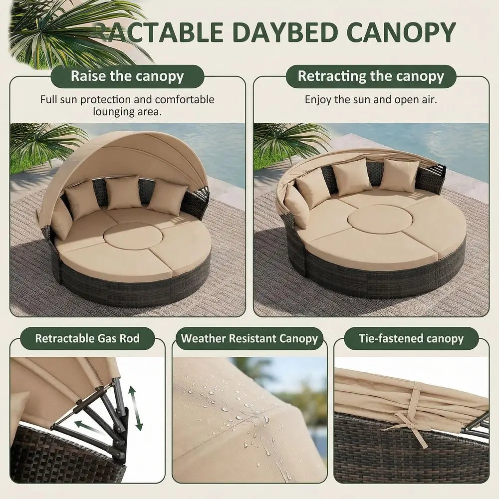 Patio Daybed with Retractable Canopy, Wicker Rattan Sectional round Sofa Furniture Set, 5 Pieces Seating Separates Cushioned Se