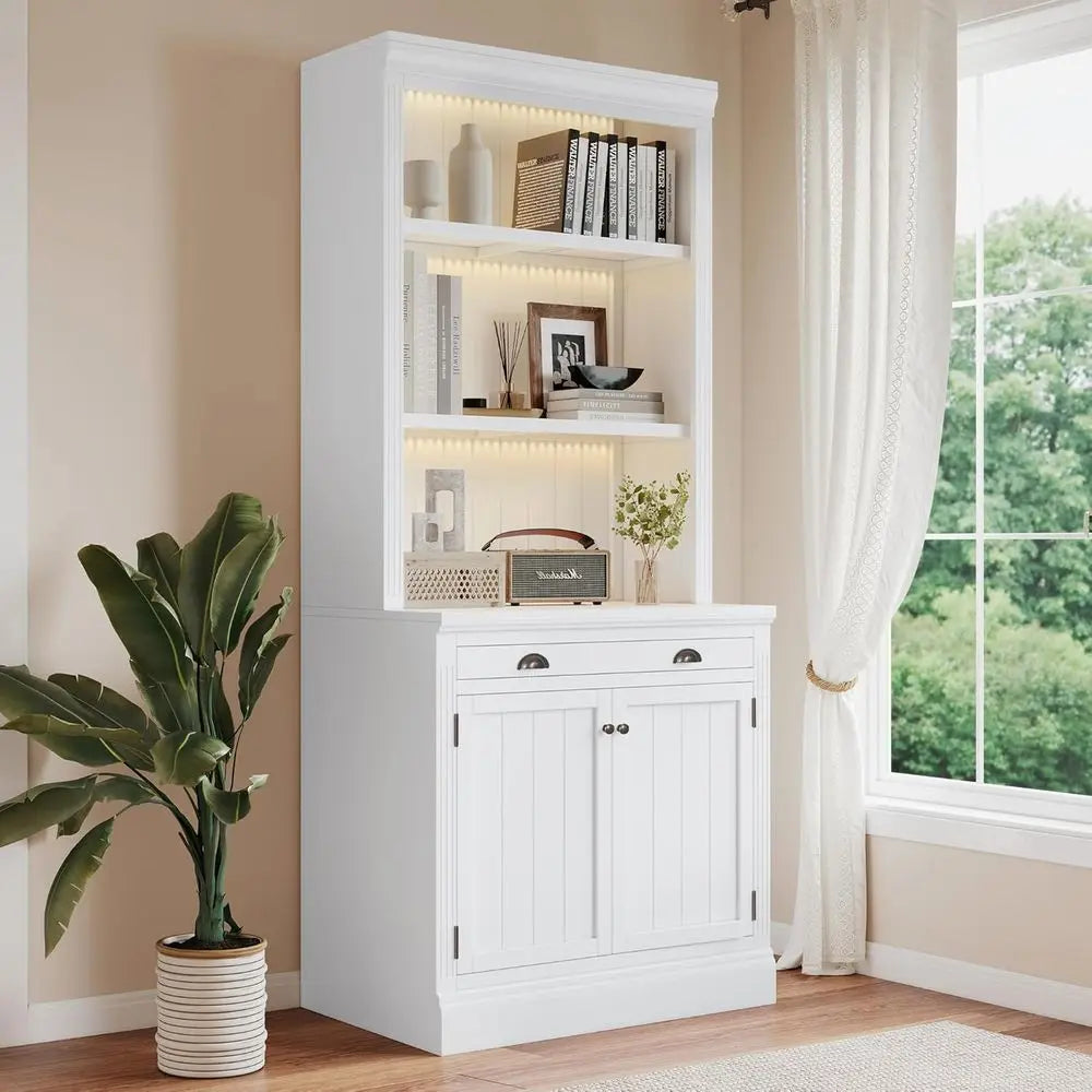 83.4 Tall White Solid Wood Bookcase with Cabinet, Drawers, Adjustable Shelves & LED Lighting for Home Office Living Room Storage