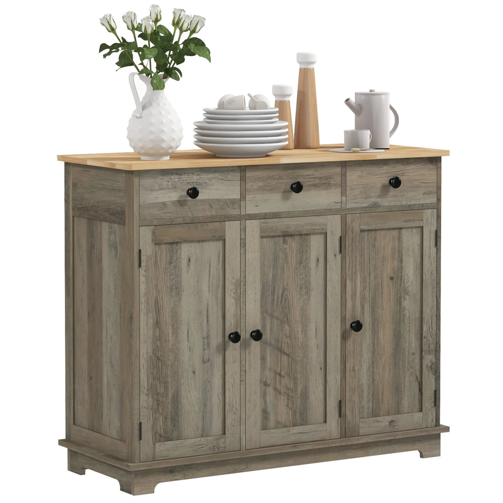 Sideboard Buffet Cabinet with Solid Wood Countertop, Modern Kitchen Storage Cabinet, Coffee Bar Cabinet with 3 Drawers, Doors and Adjustable Shelf, Distressed Gray