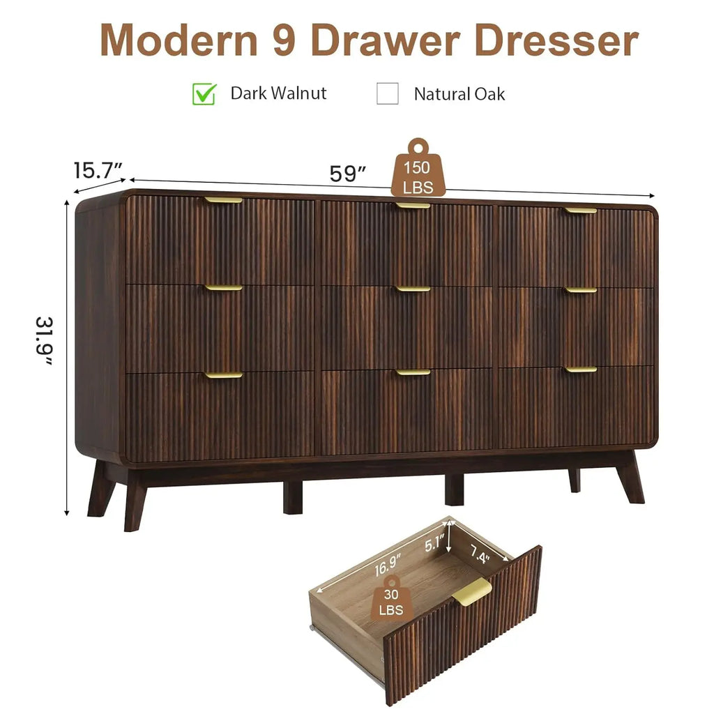 Fluted 59.1" Wide Modern Dresser for Bedroom with 9 Drawers, Tall Chest of Drawers with Metal Handle, Wooden, Customized