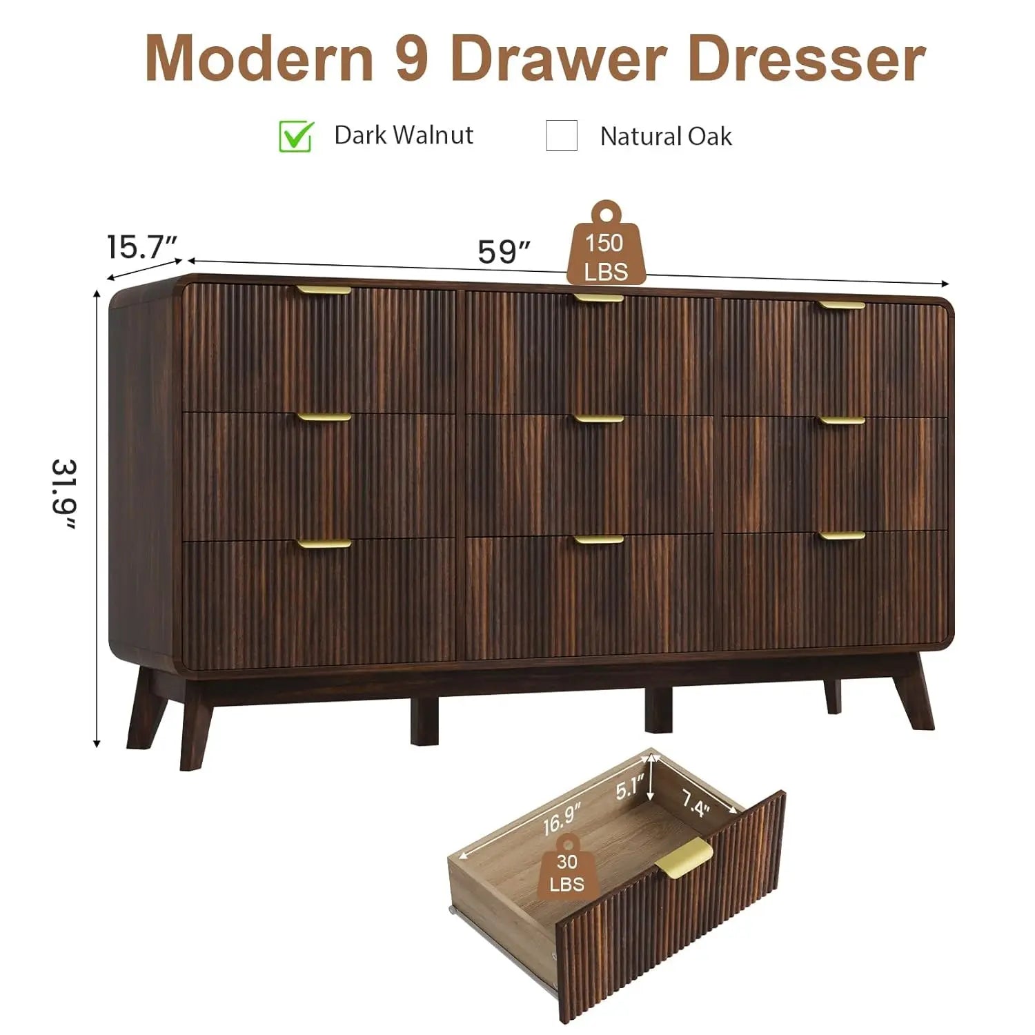 Fluted 59.1" Wide Modern Dresser for Bedroom with 9 Drawers, Tall Chest of Drawers with Metal Handle, Wooden, Customized