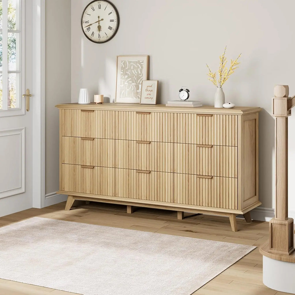 Fluted 9 Drawers Dresser, 59.1" Wide Modern Chest of Drawers with Metal Handle, Large Dresser TV Stand, Wood Drawer, Customized