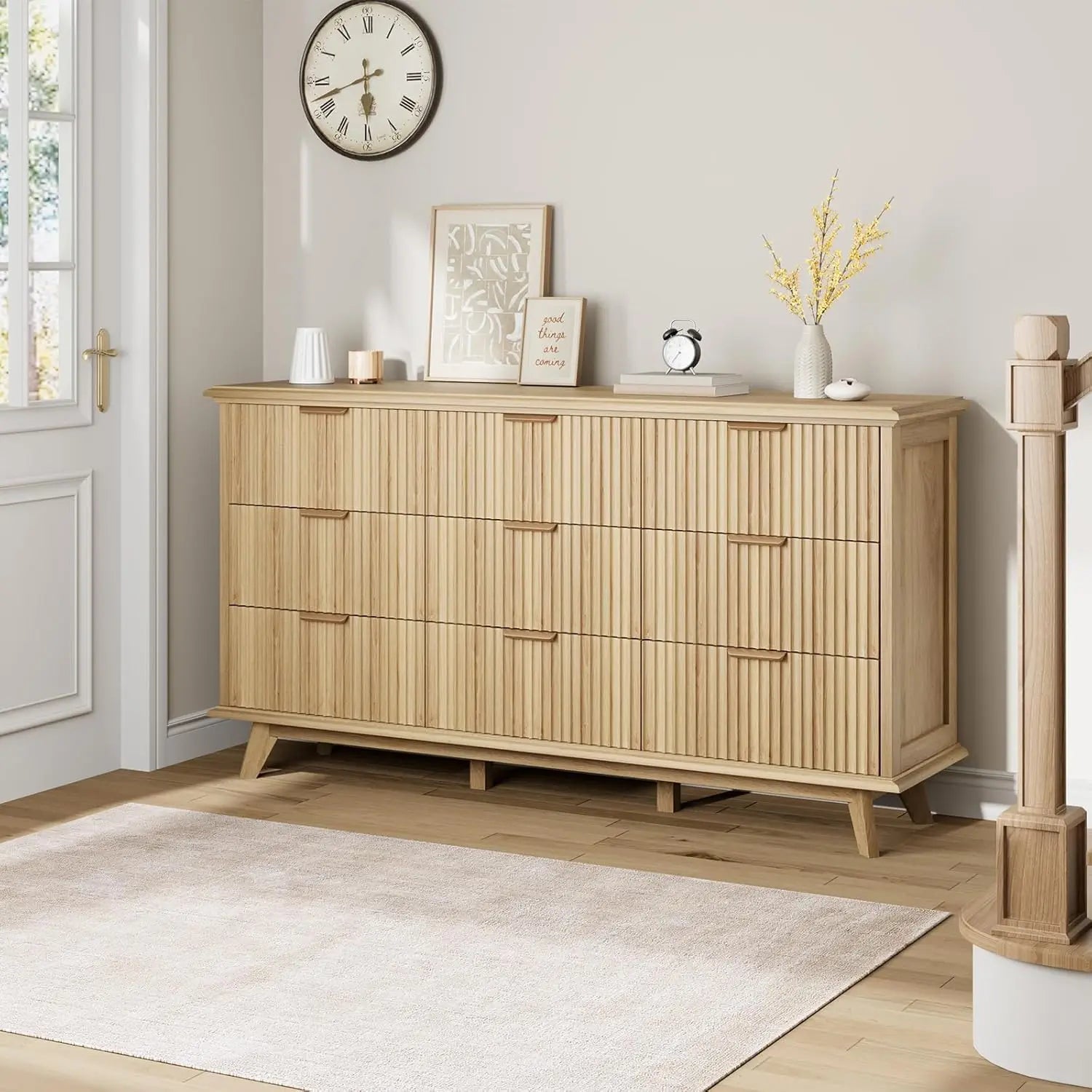 Fluted 9 Drawers Dresser, 59.1" Wide Modern Chest of Drawers with Metal Handle, Large Dresser TV Stand, Wood Drawer, Customized