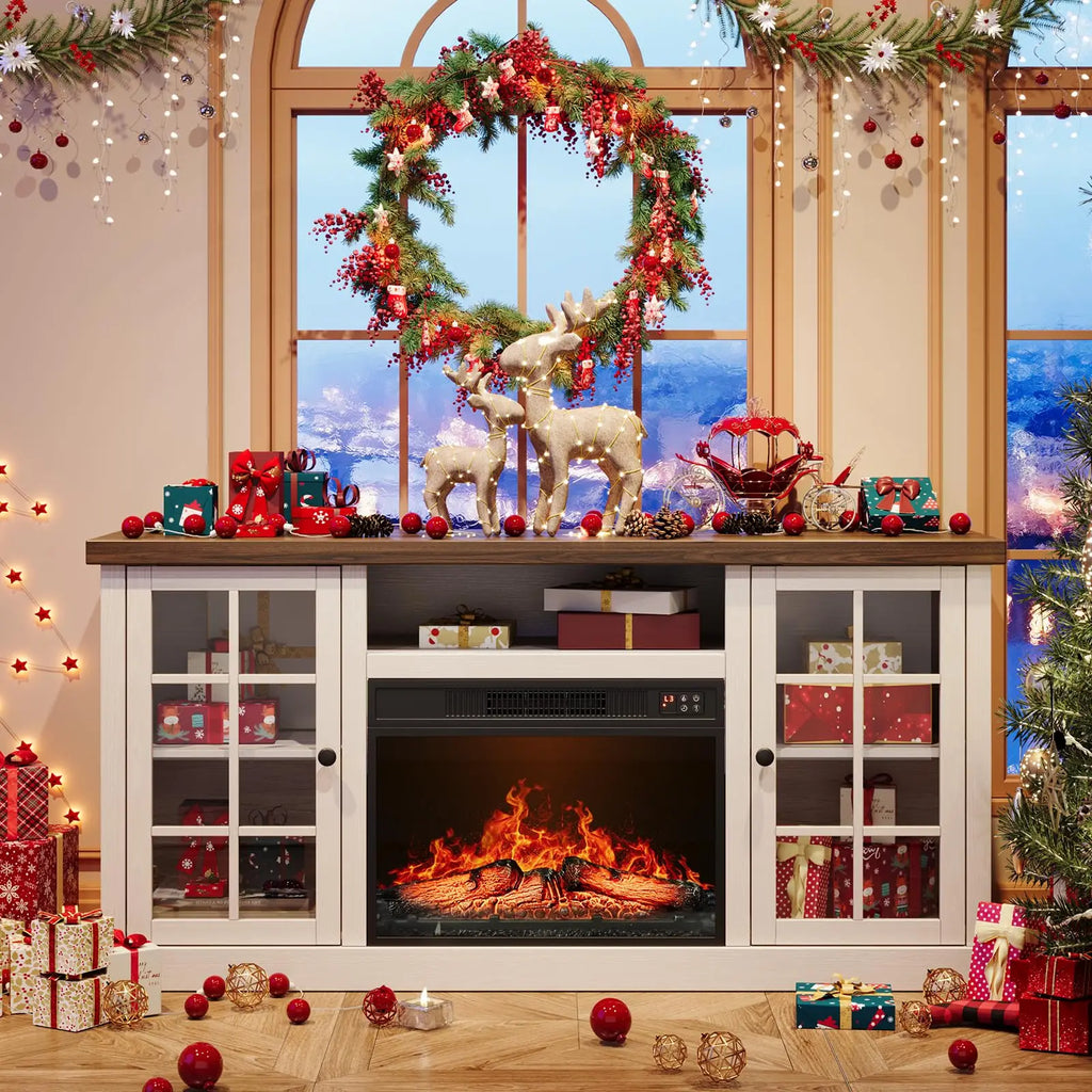 Farmhouse 59-Inch TV Stand with 23-Inch Electric Fireplace, Entertainment Center TV Table for Tvs up to 65 Inches, Media Console with Storage and Glass Doors for Living Room, White