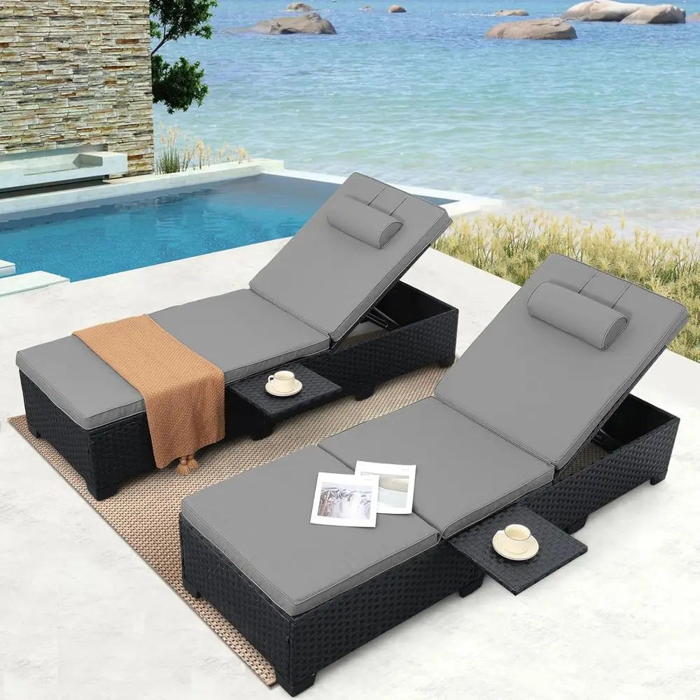 2-Piece Outdoor Patio Recliner Lounge Chair Set with Adjustable Backrests & Grey Cushions