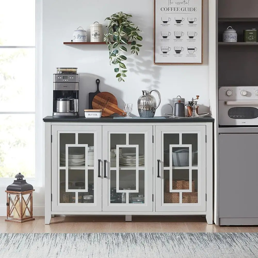 55 White Modern Sideboard Buffet Cabinet with Glass Door Storage for Kitchen, Dining, Living Room