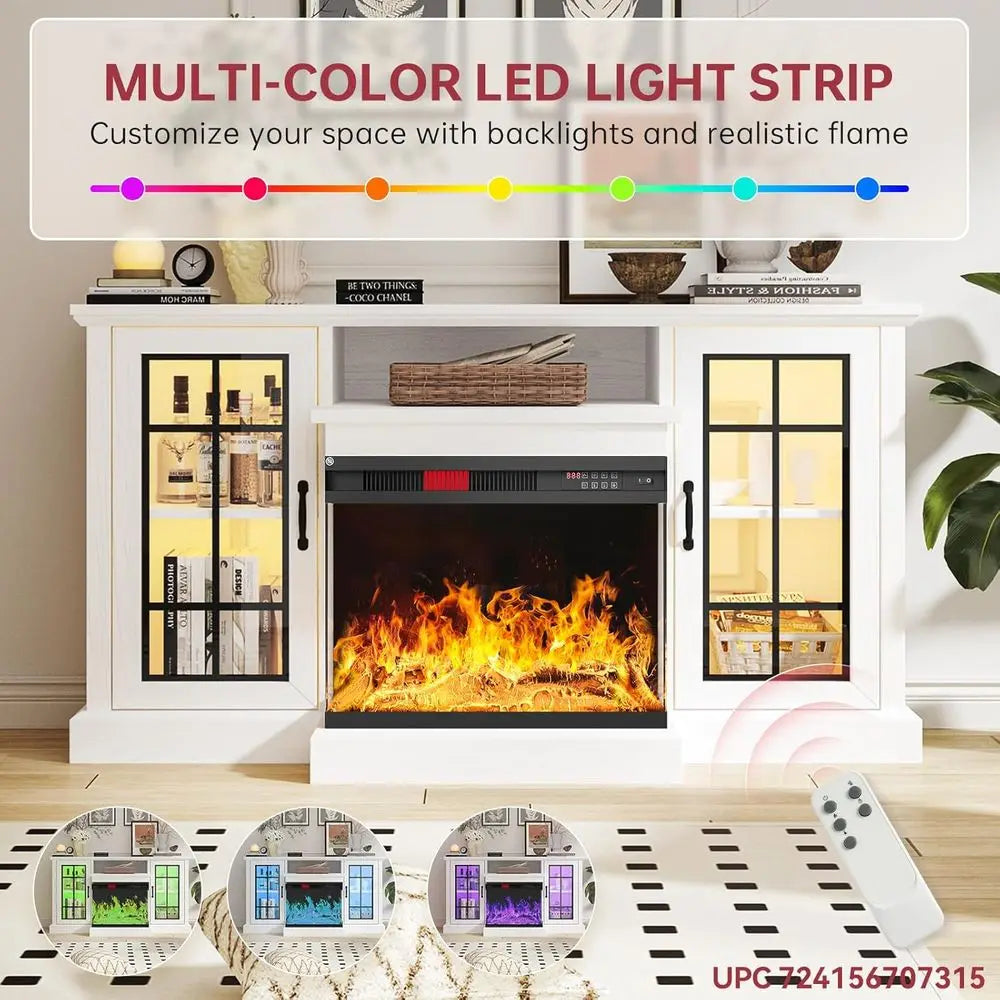 59 3-Sided Glass TV Stand, Entertainment Center for Tvs up to 65, Adjustable LED Light, White Living Room Furniture