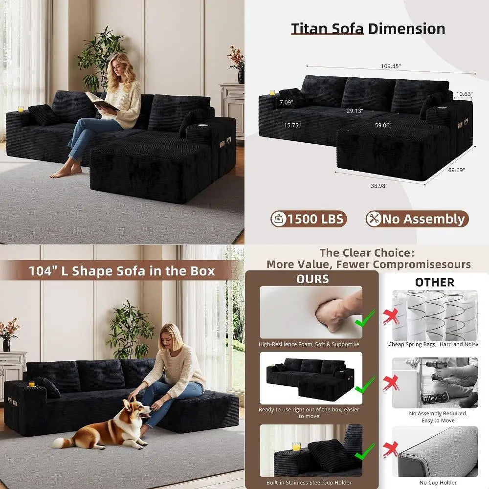 Boneless Couches for Living Room, Modular Sectional Sofa with Oversized Chaise, Lshape Cloud Couch with Deep Seat Black, Right