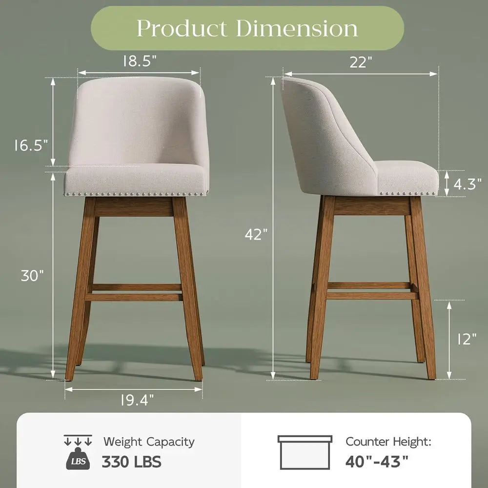 30 Swivel Upholstered Bar Stools Set of 2, Solid Wood Legs, Footrest, Beige