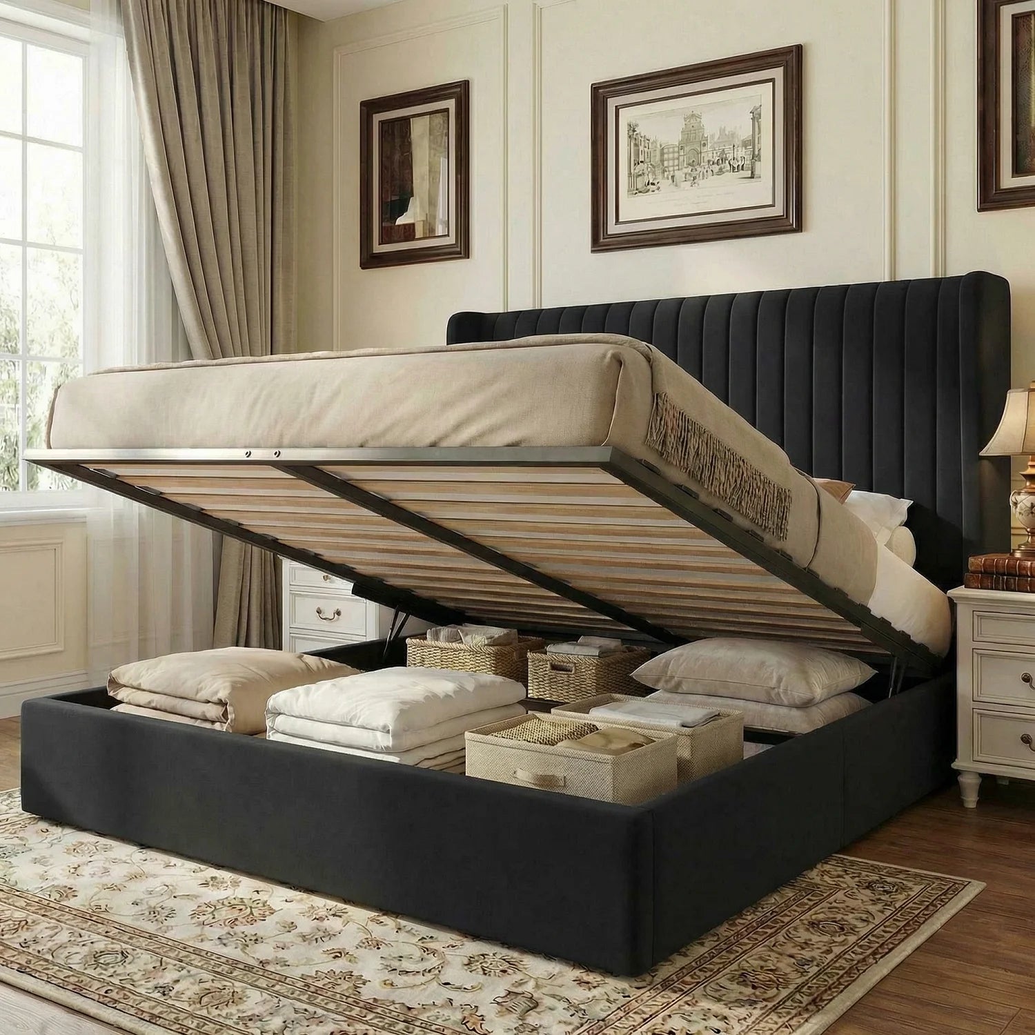 Full/Queen/King Lift up Storage Bed Frame, Hydraulic Support System, Upholstered Platform Bed Frame, underneath Storage,