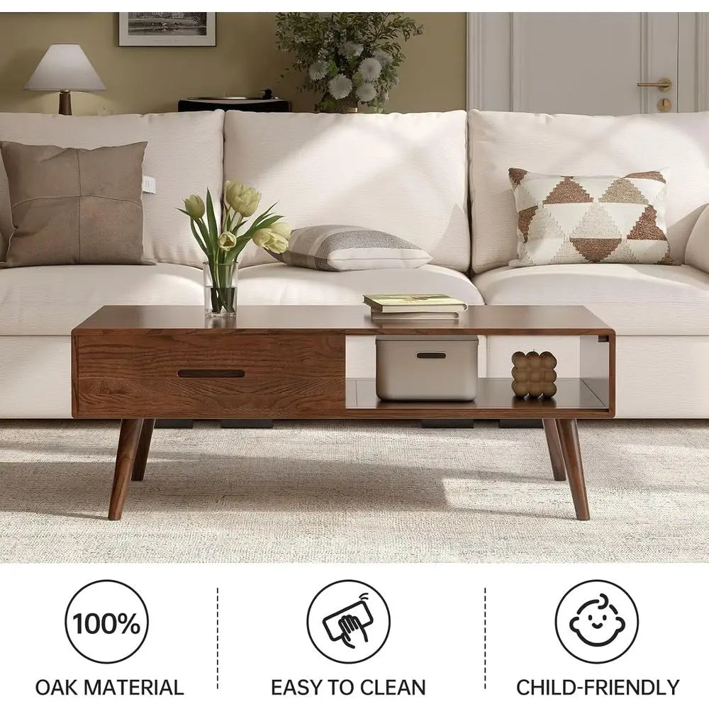 100% North American AS-grade oak Solid Oak Coffee Table with Storage Shelf & 2 Drawers – Modern Living Room Furniture in Oak Walnut Finish